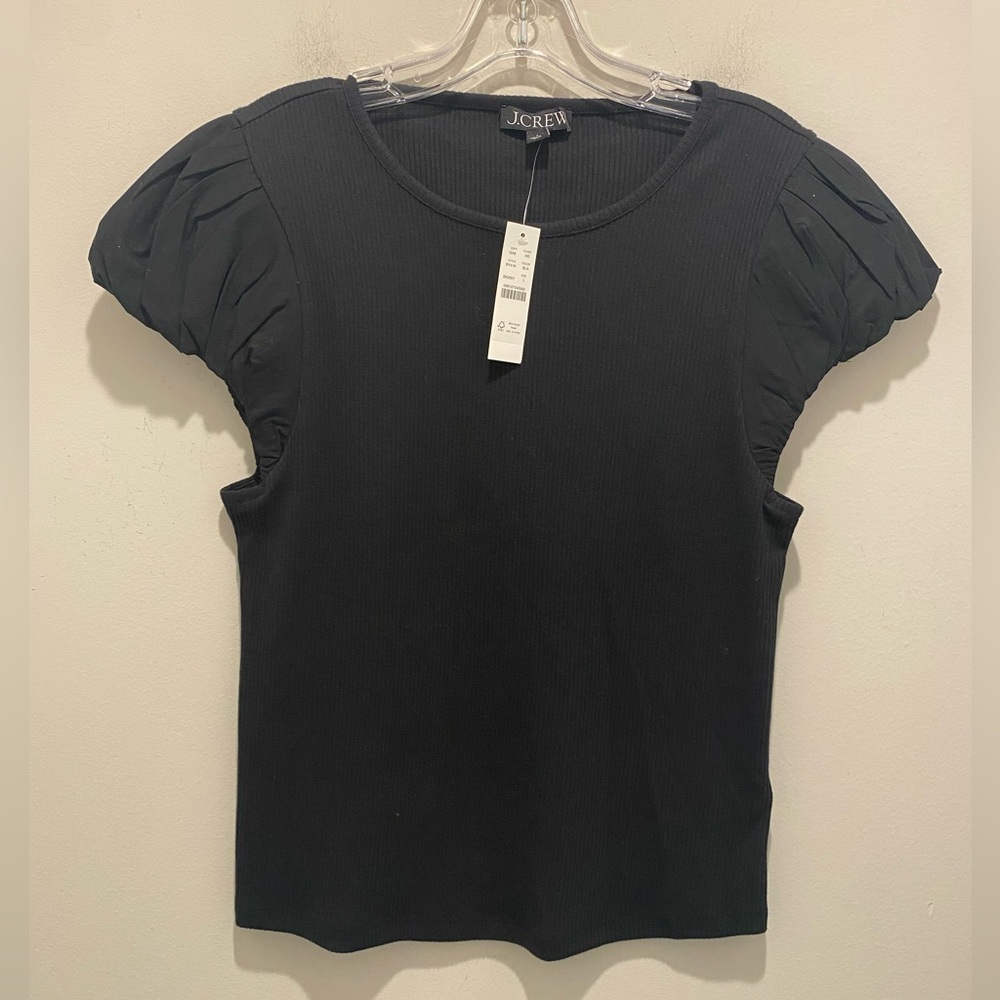 J. Crew Puff-Sleeve Knit Ribbed Tee Black Women’s Size L NWT Casual Stretch